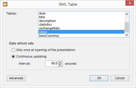 select the value table from the available tables list