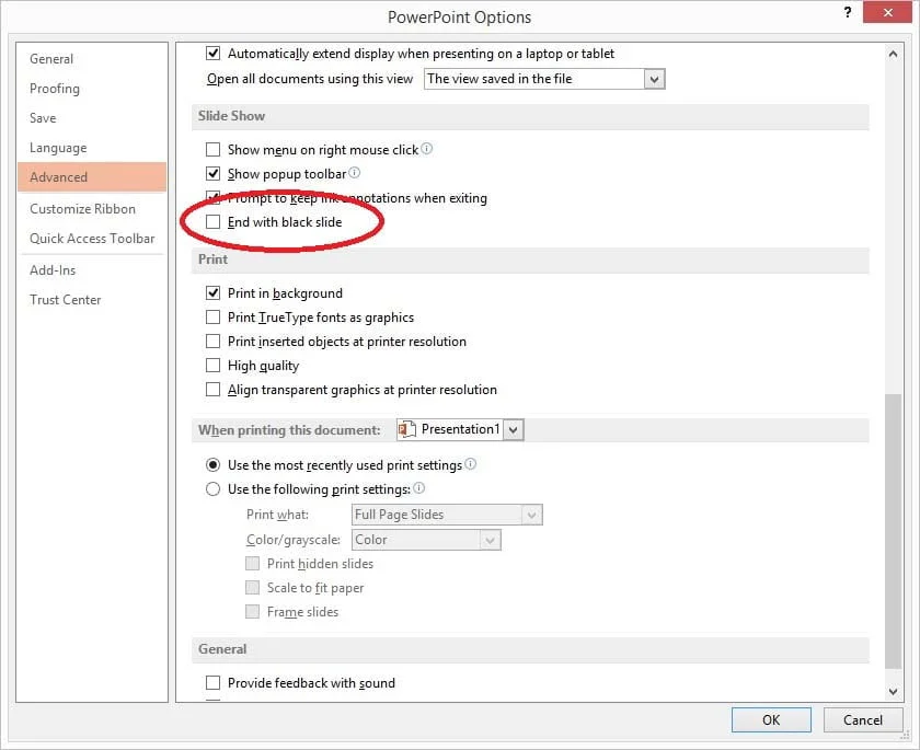 here is how to turn of the end with black slide in the powerpoint settings menu
