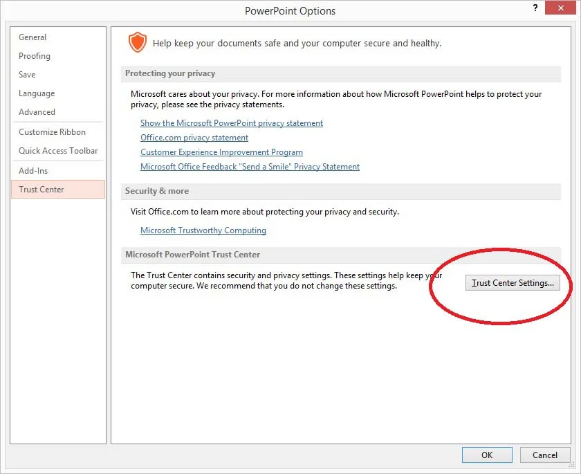 open trust center options in powerpoint
