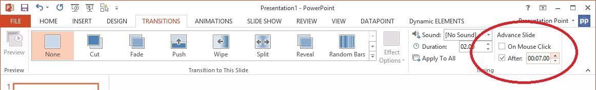 automatic and times advancing of slides in a presentation