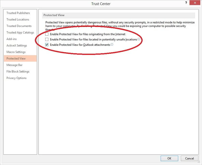 disable protected view for files here