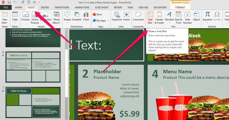 add text box shapes to your powerpoint menu board