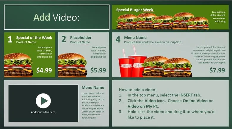 sample slide of a digital menu board for a restaurant in powerpoint