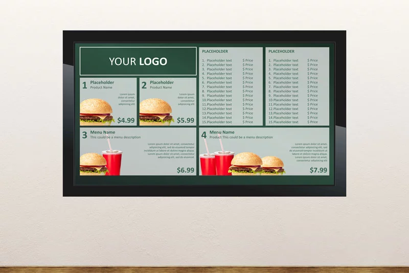 Free digital signage powerpoint template to show digital menu board with menus and promotions ideal for take away restaurants