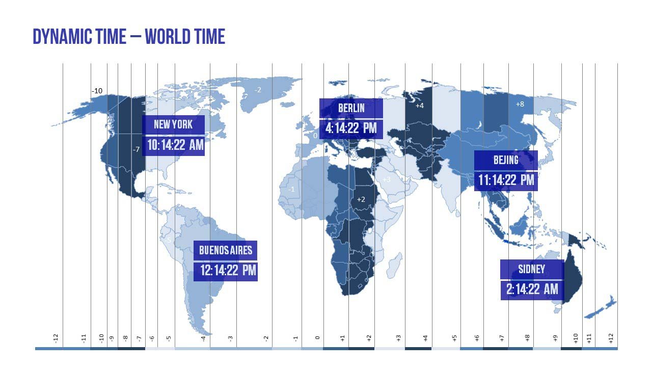 world map with different time zones in powerpoint live updating shapes