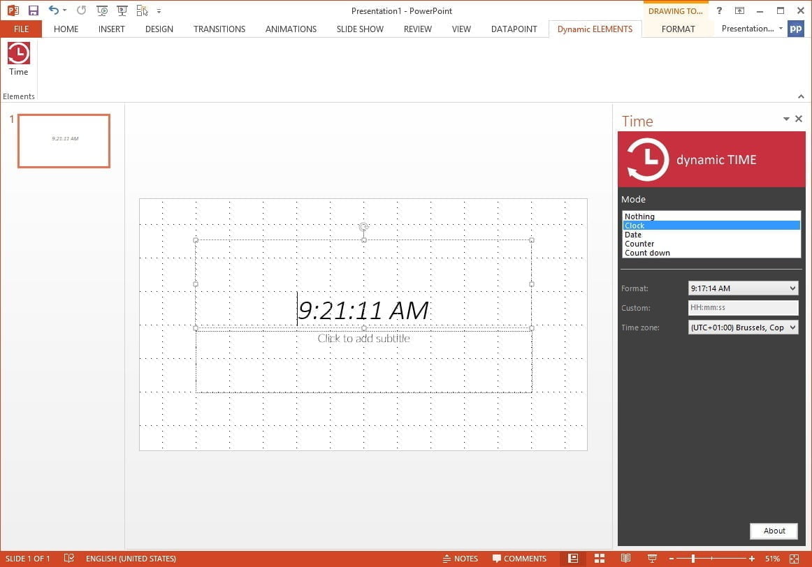 open dynamic time task pane in powerpoint to control the clock properties