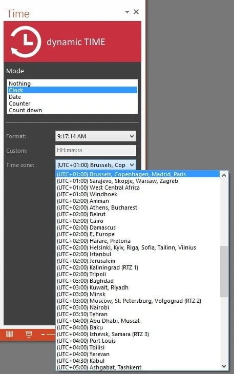 list of time zones in dynamic time task pane