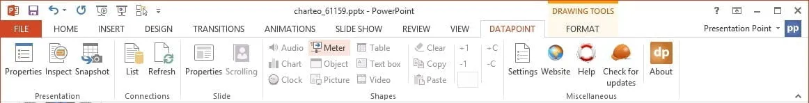 open dynamic dashboard or meter options in powerpoint menu