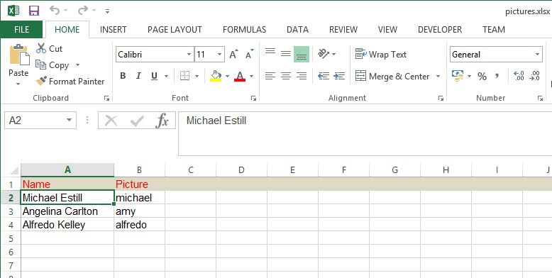 excel file with names of images
