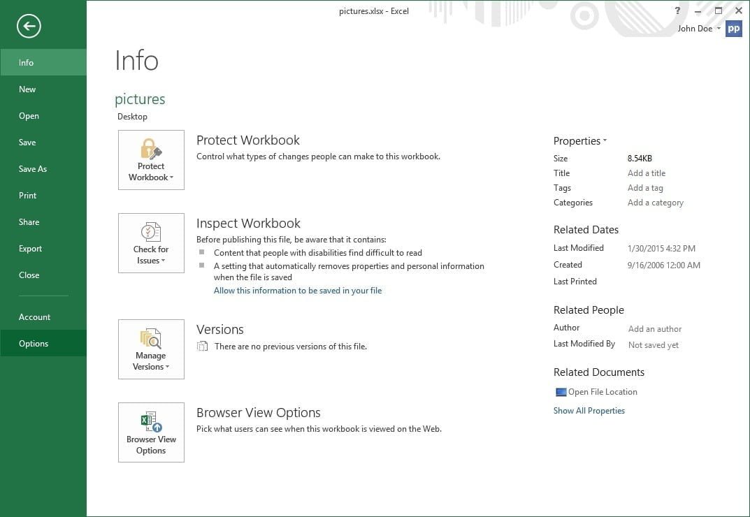 Excel file properties