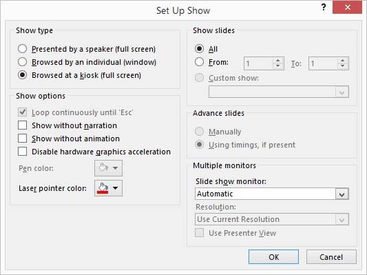 set your presentation to run a kiosk show mode