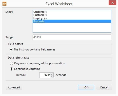 set the excel data import options