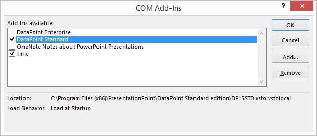 check the addins that you want to load in powerpoint