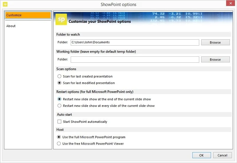 showpoint properties to select a presentation and more options