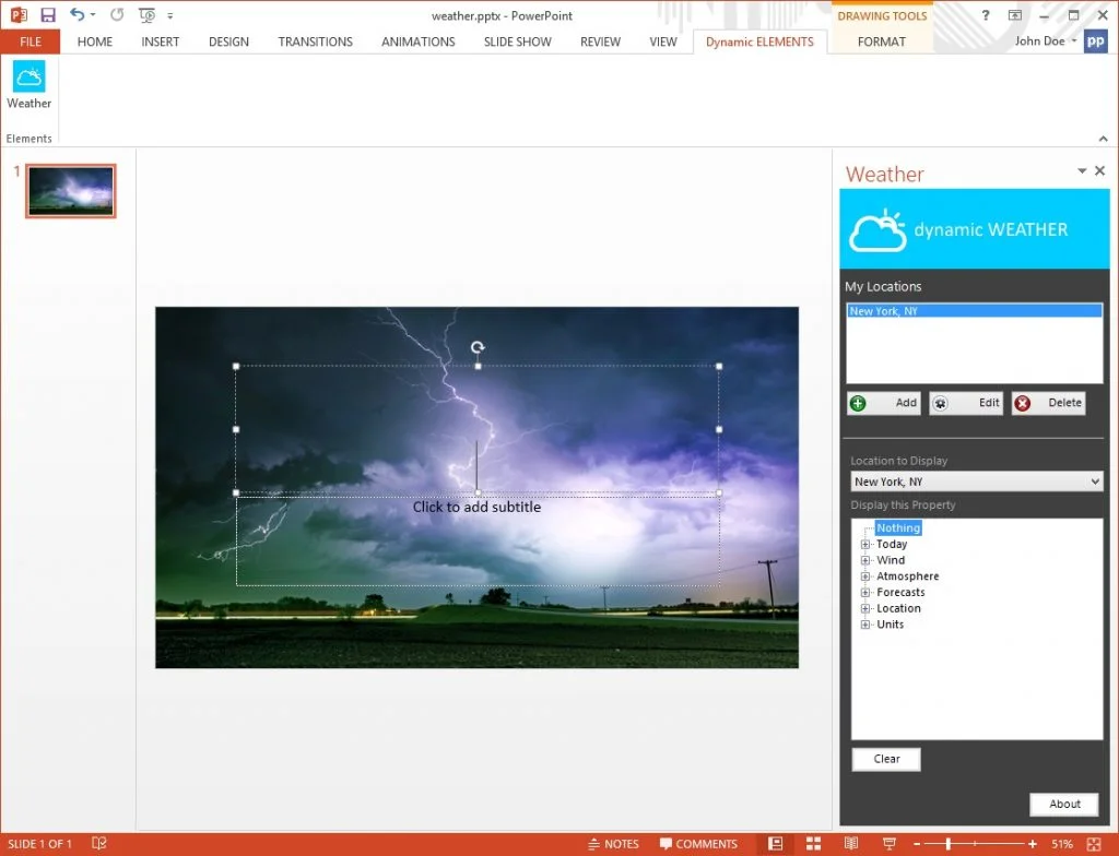 textbox selected to set weather properties