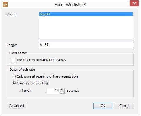 add excel connection to datasheet and set range
