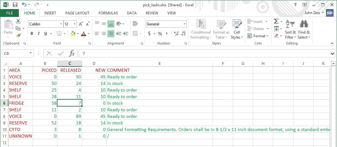 raw excel data with some long text