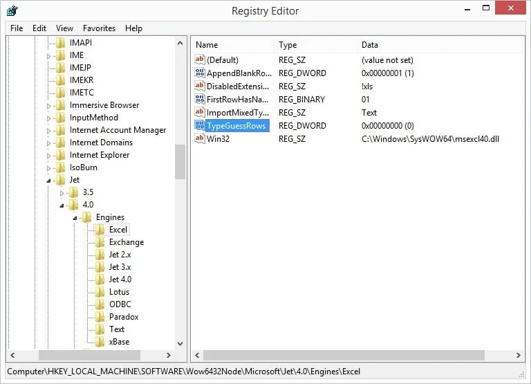 registry change typeguessrows