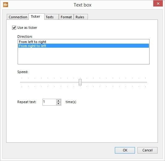 text box text ticker properties form
