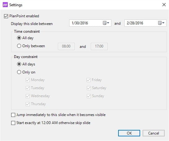 planpoint timing settings