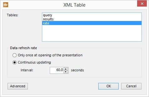 select a table from the xml data file