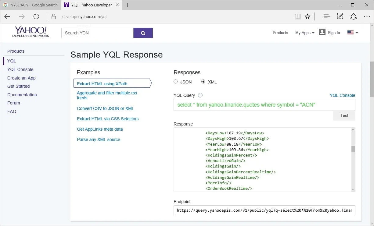 yahoo yql query interface for stock quotes
