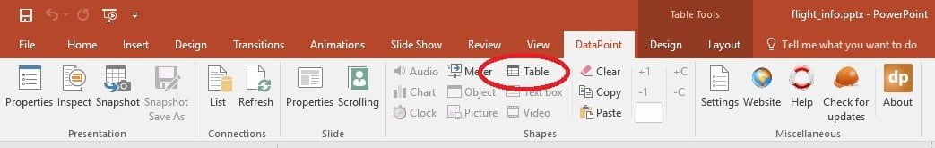 tables in datapoint menu