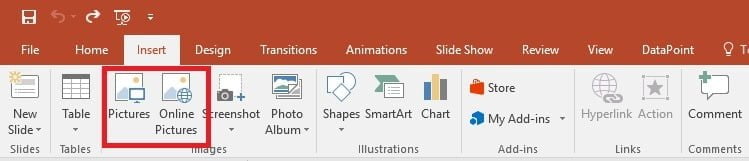 powerpoint insert pictures menu option