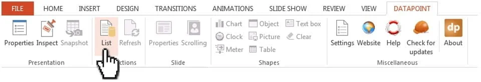 datapoint menu for twitter messages in powerpoint 