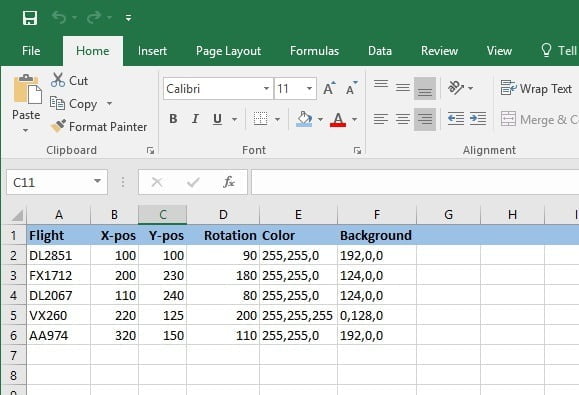 positioning information in Excel
