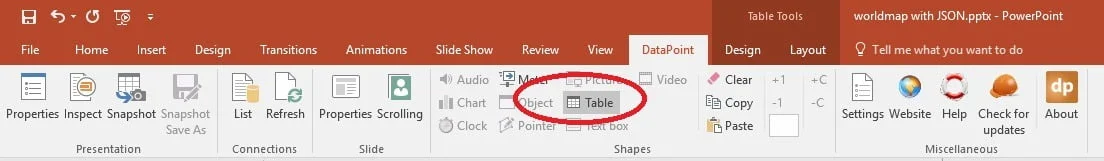 datapoint table menu