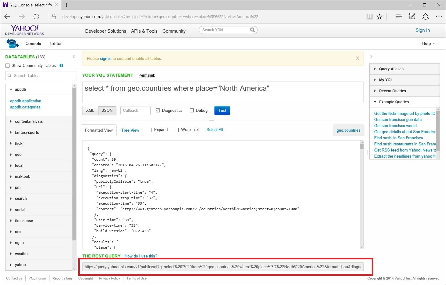 json yql query endpoint