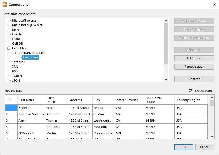 preview of excel data