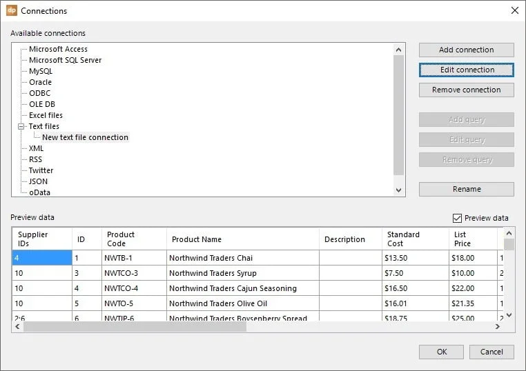 text or csv file data preview