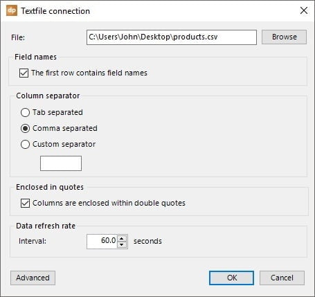 set text file or csv file connection properties