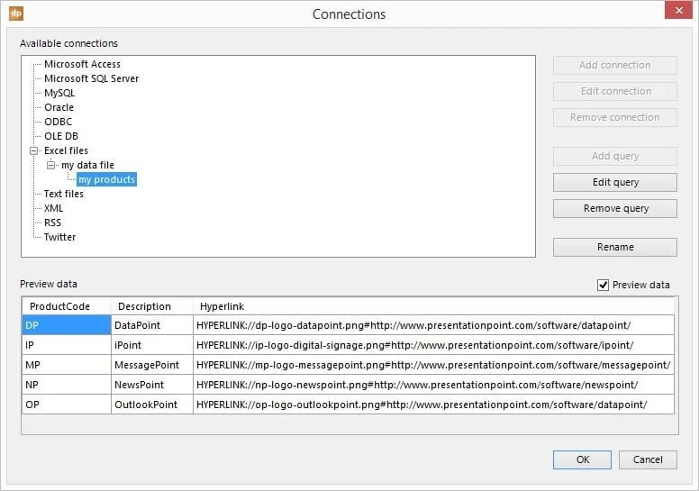 datapoint linked to excel datasheet