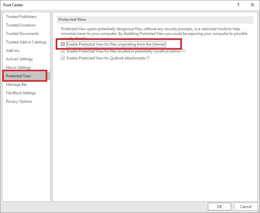 protected view for files from internet