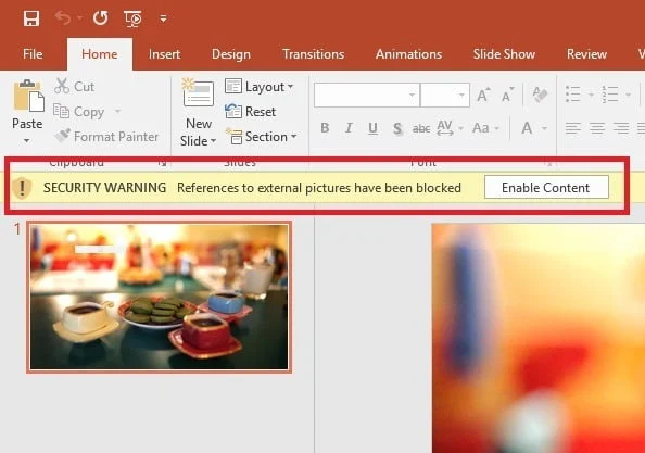 Security Warning : References to external pictures have been blocked