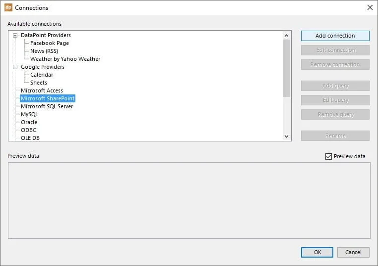datapoint add sharepoint connection