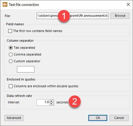 text file properties and refresh rate