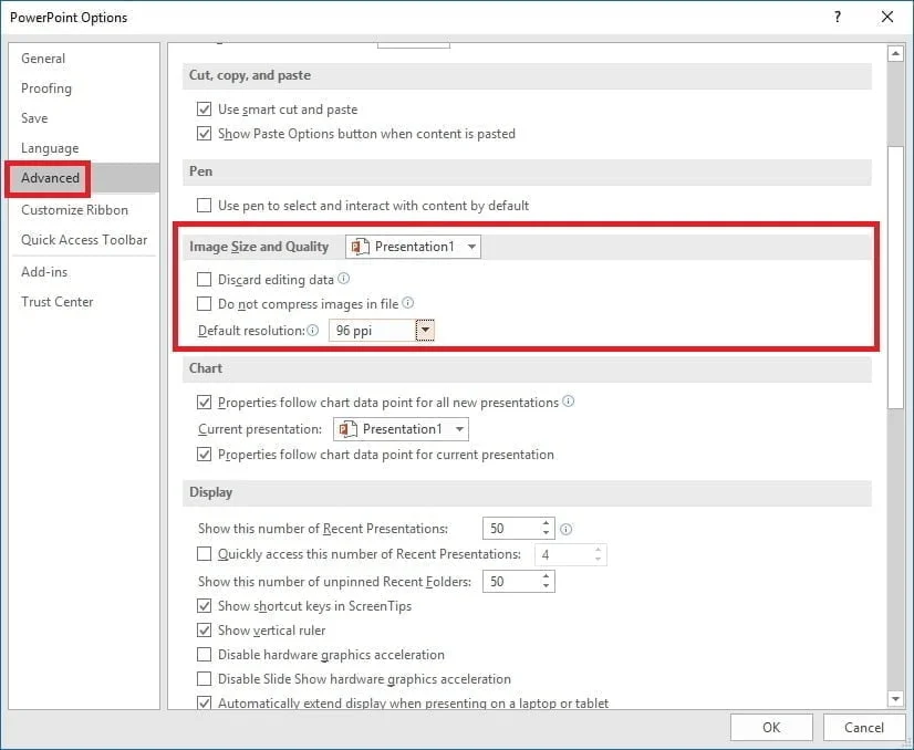 powerpoint advanced option to set the image size and quality