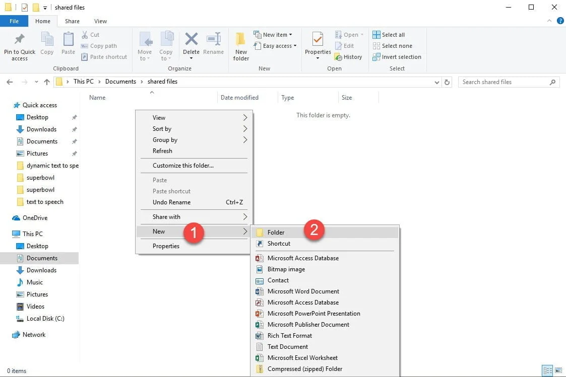 network share set up a new folder