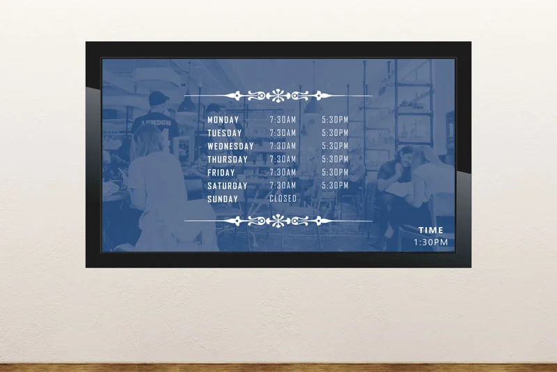 Digital signage template with business hours slides for your infotainment displays in your shop, museum, tourist office etc