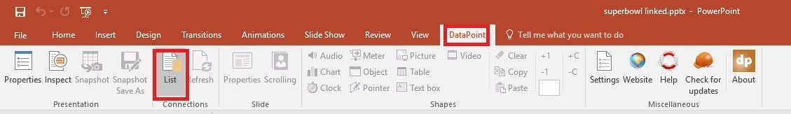 use datapoint menu in powerpoint to display superbowl scores