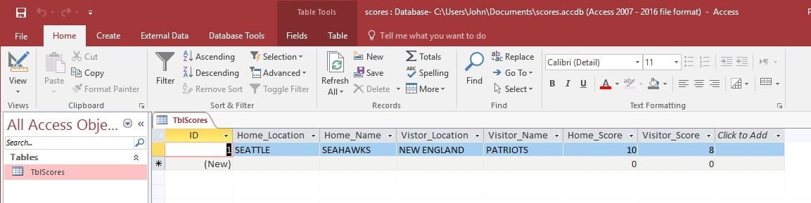 superbowl ms access database table with score data