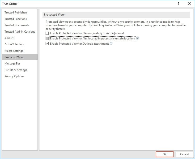 protected view options of the powerpoint trust center