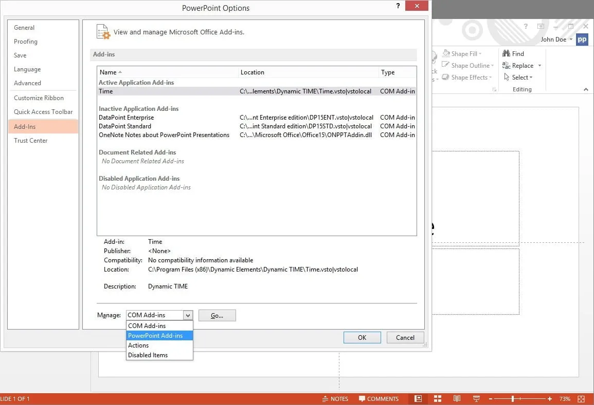 click to manage the powerpoint add-ins