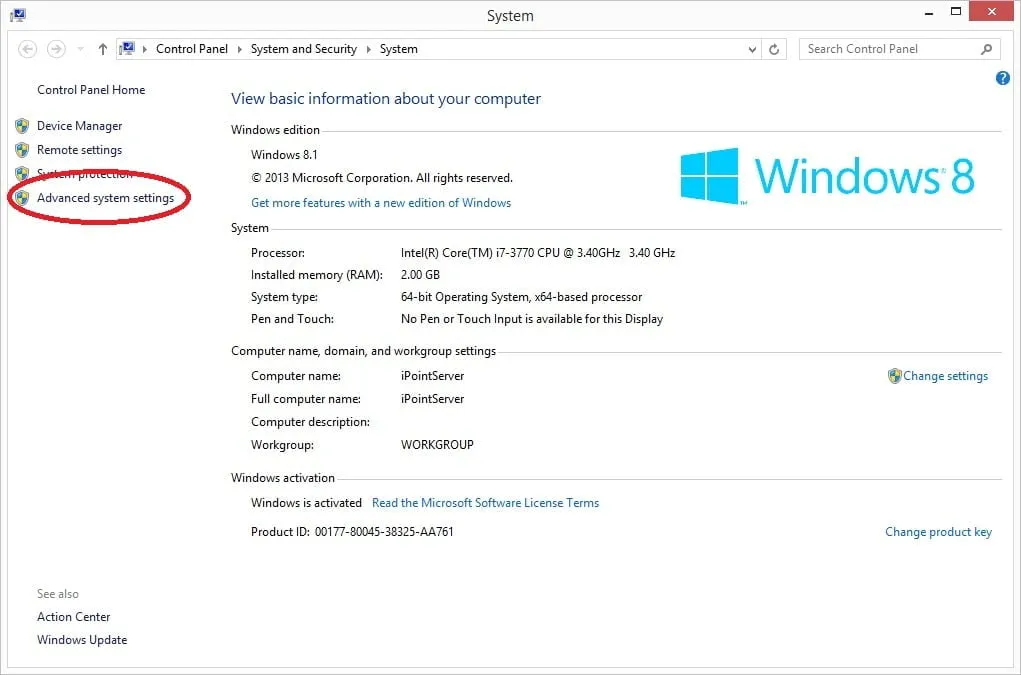 click to open the advanced system settings