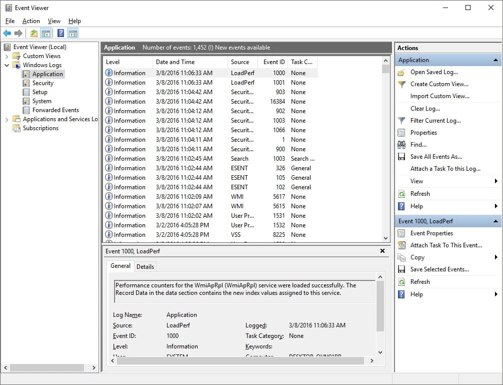 error details in the event viewer or event log