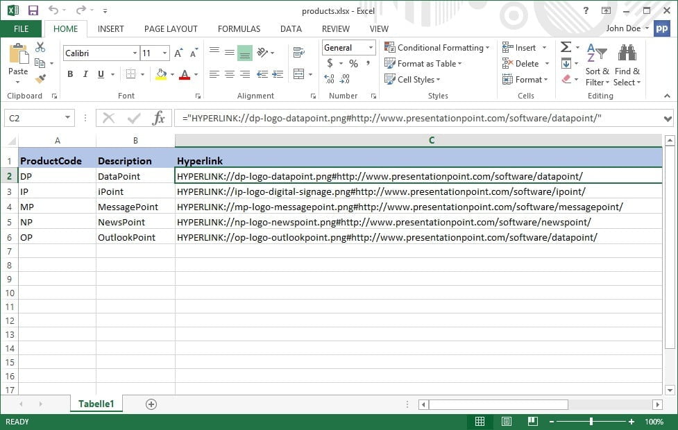 excel datasheet with hyperlinks and other information